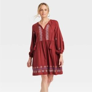 NWT Knox Rose Balloon Long Sleeve Embroidered Dress in Maroon Size XS